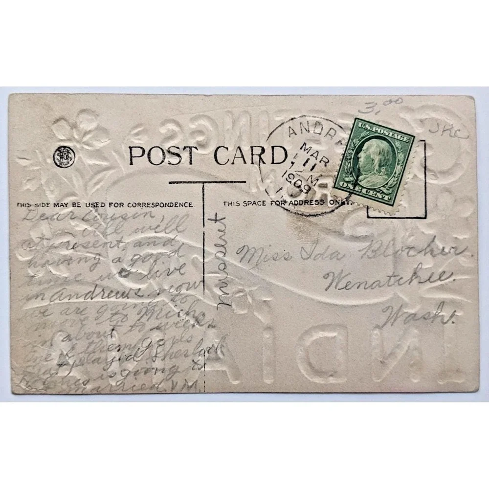 Huntington, Indiana IN Greetings Scroll Embossed Flowers Glitter c1900s Postcard